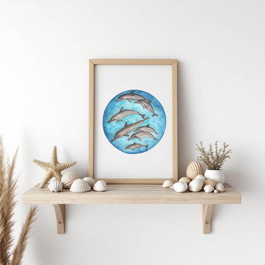 Dolphin Pod in Water Fine Art Watercolour Print