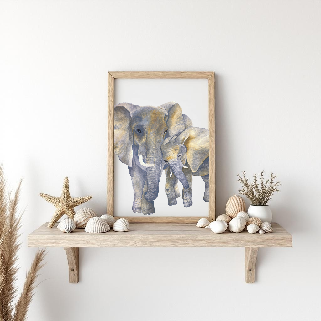 Mum & Baby Elephant Fine Art Watercolour Print